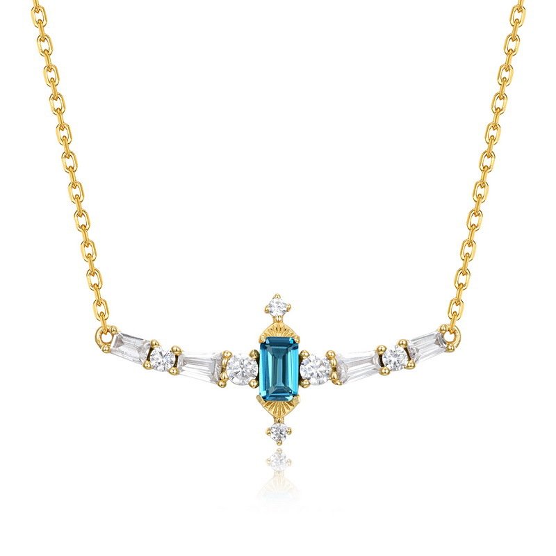 Vintage Art Deco style London blue topaz necklace with clear CZ accents, S925 sterling silver 10K gold plated statement jewelry for women