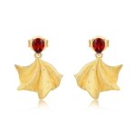 Vintage French style gold garnet drop earrings with hand-brushed ginkgo leaf fan dangle, S925 sterling silver 10K gold plated statement jewelry for women