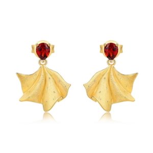 Vintage French style gold garnet drop earrings with hand-brushed ginkgo leaf fan dangle, S925 sterling silver 10K gold plated statement jewelry for women