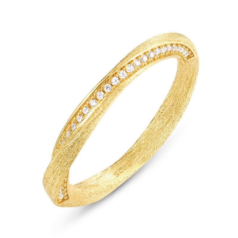 Vintage Buccellati style Moebius ring with hand-brushed texture and CZ accents, S925 sterling silver 10K gold plated stackable jewelry for women