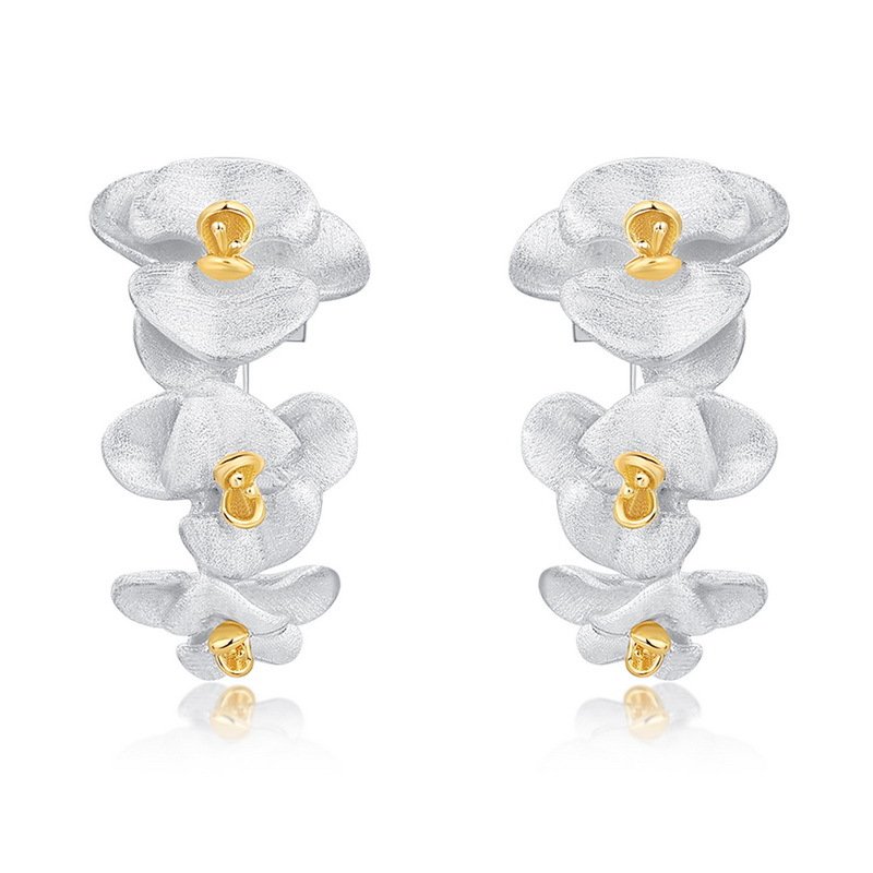 Phalaenopsis orchid stud earrings with hand-brushed silver petals and gold centers, S925 sterling silver two-tone flower jewelry for women