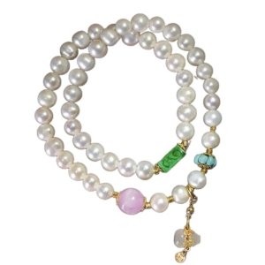 Chinese‑style double‑loop freshwater pearl bracelet 7‑8mm with jade kunzite turquoise white jade gourd on white background