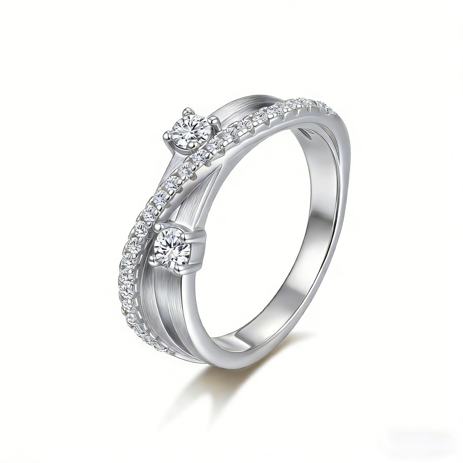 White‑gold‑plated double‑band pinkie ring, S925 silver with moissanite