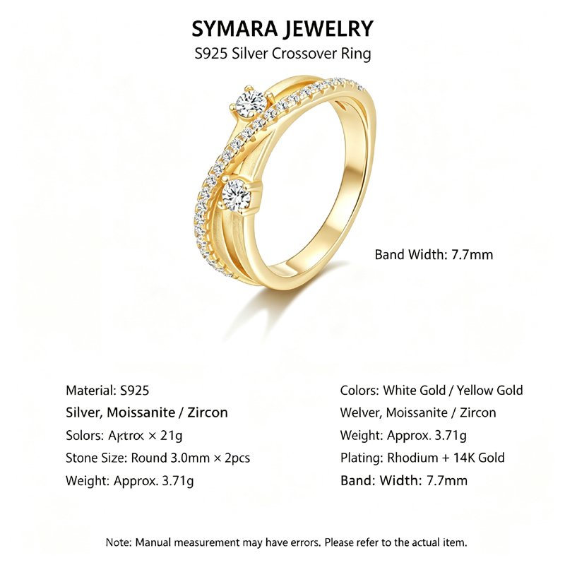 Spec infographic for double‑band crossover pinkie ring