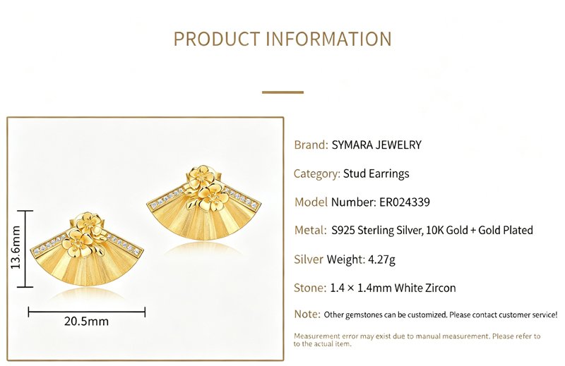 Spec infographic for fan‑shaped flower stud earrings