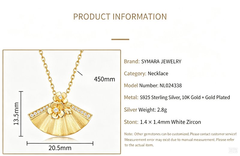 Spec infographic for fan‑shaped flower pendant necklace