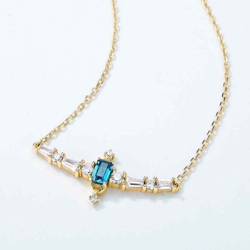 Elegant London blue topaz bar necklace with Art Deco geometric design, hypoallergenic silver November birthstone necklace for everyday wear