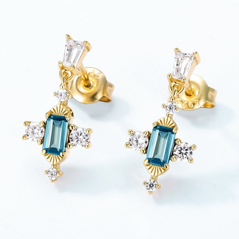 Elegant London blue topaz drop earrings with Art Deco geometric design, hypoallergenic silver November birthstone earrings for formal and daily wear