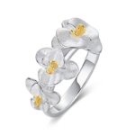 Phalaenopsis orchid ring with hand‑brushed silver petals and gold centers, S925 sterling silver two‑tone flower jewelry for women