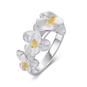 Phalaenopsis orchid ring with hand‑brushed silver petals and gold centers, S925 sterling silver two‑tone flower jewelry for women