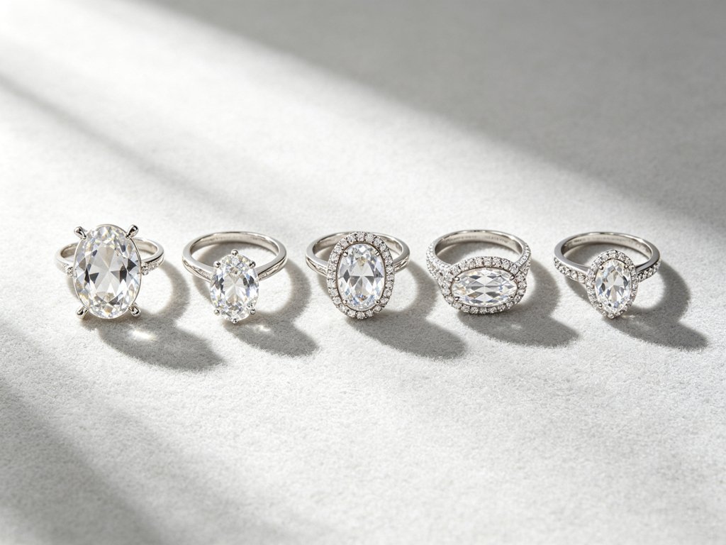 Oval diamond engagement rings with various setting styles including prong, solitaire, halo and bezel