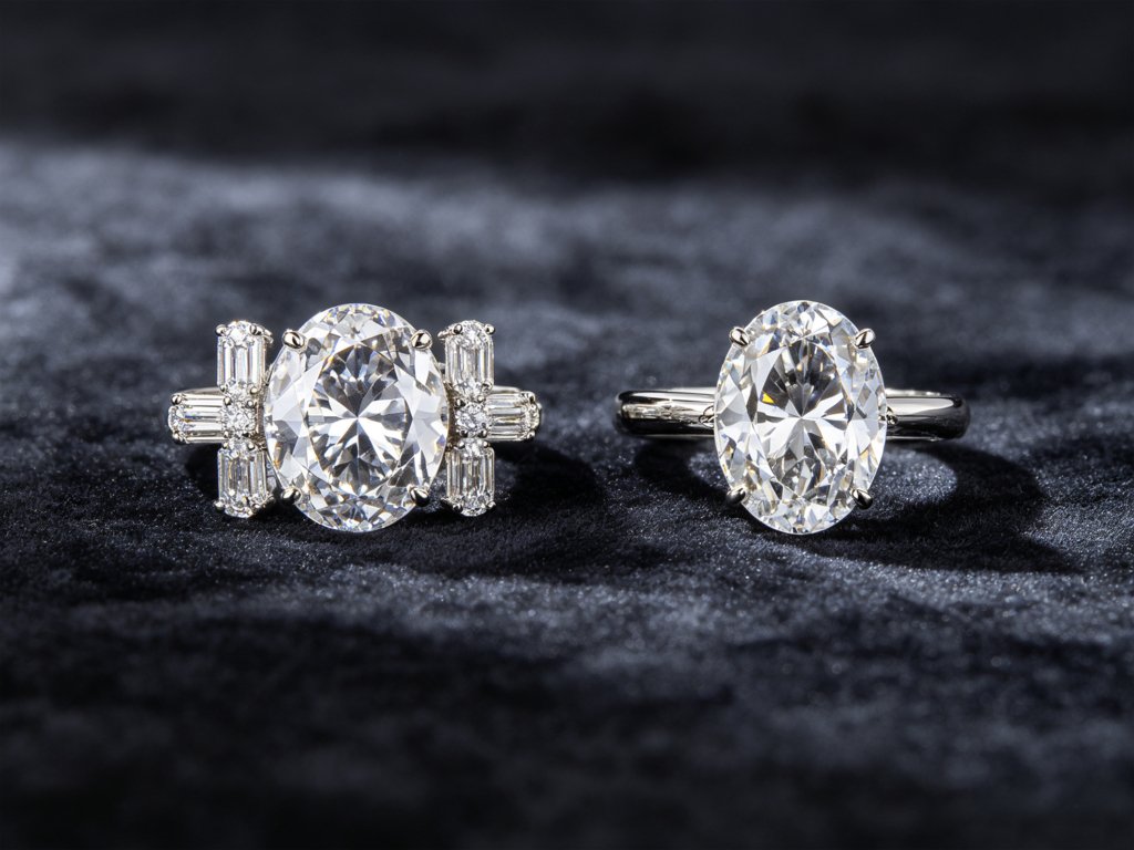 Three-stone and tension settings on oval diamond rings, symbolic and modern styles