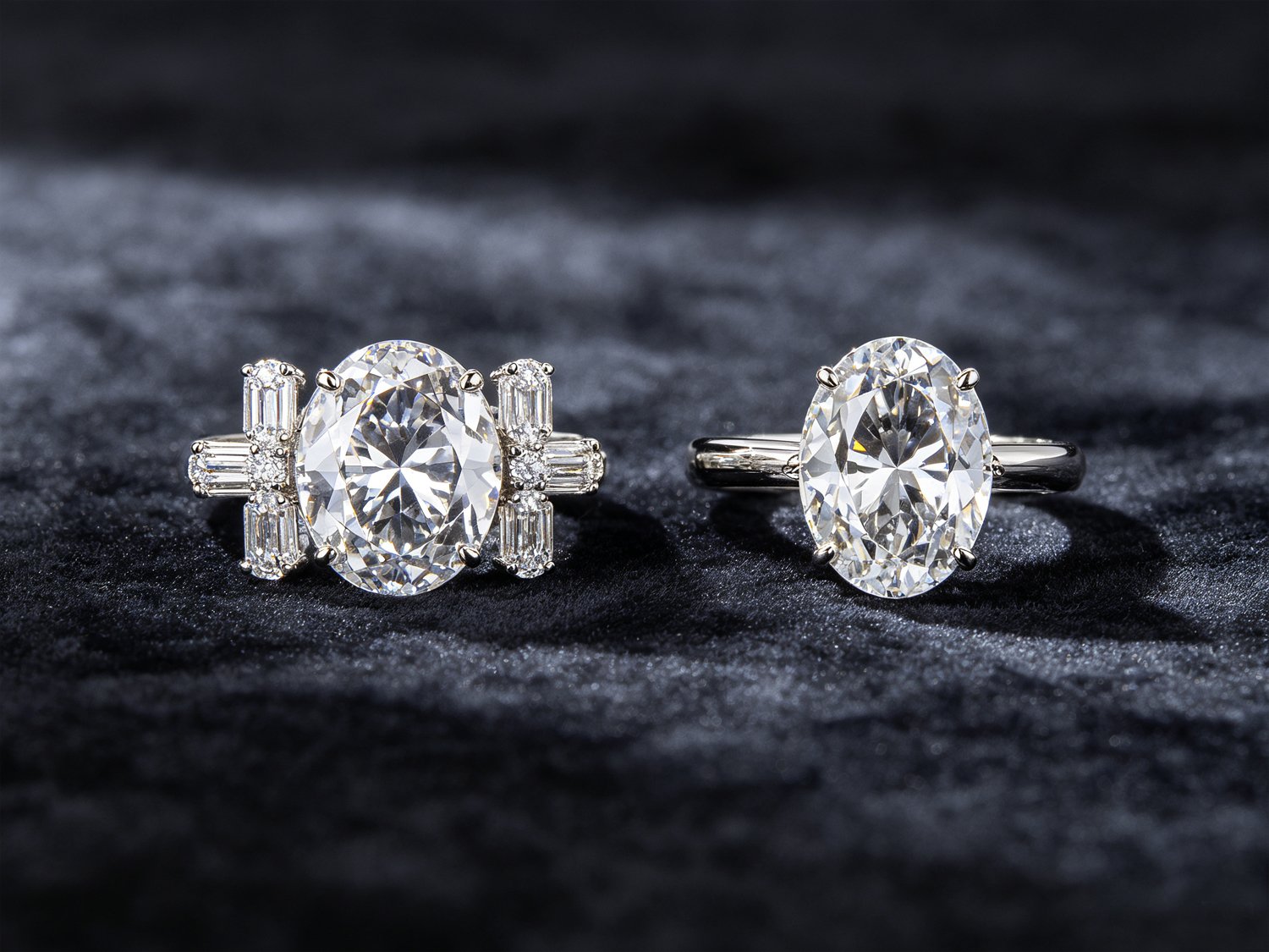 Three-stone and tension settings on oval diamond rings, symbolic and modern styles