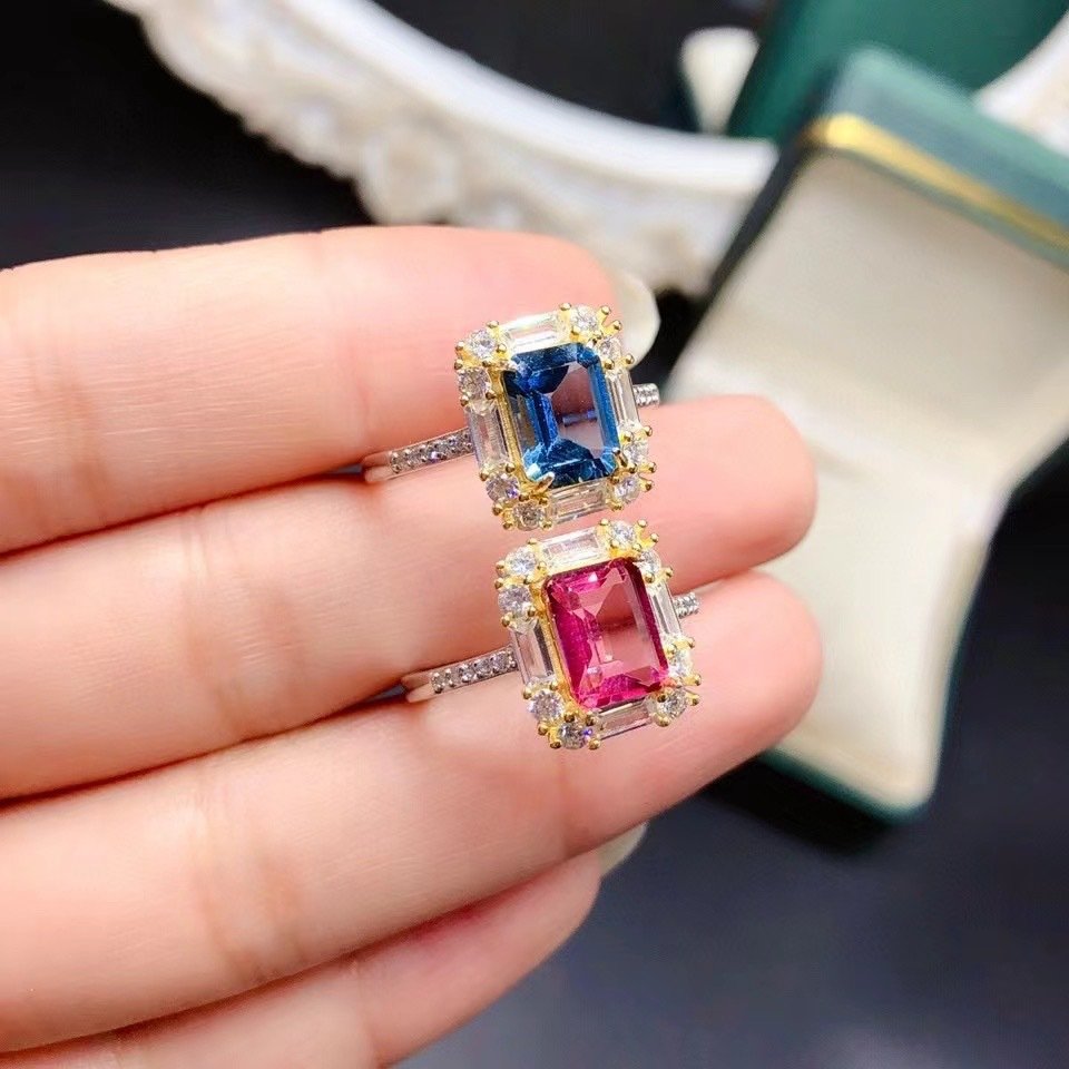 Spring 2026 unisex natural blue pink topaz promise rings cubic zirconia halo hand shot