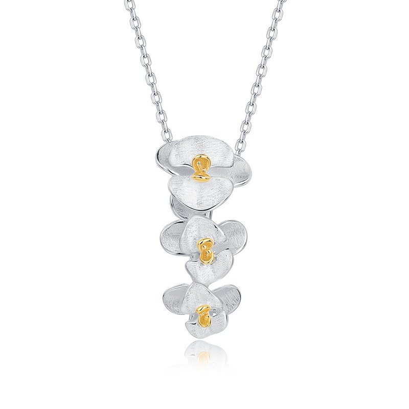 Phalaenopsis orchid necklace with hand-brushed silver petals and gold centers, S925 sterling silver two-tone flower jewelry for women