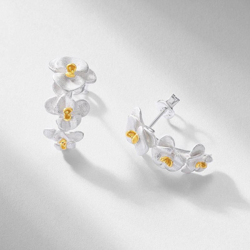 Phalaenopsis orchid stud earrings with hand-brushed silver petals and gold centers, S925 sterling silver two-tone flower jewelry for women