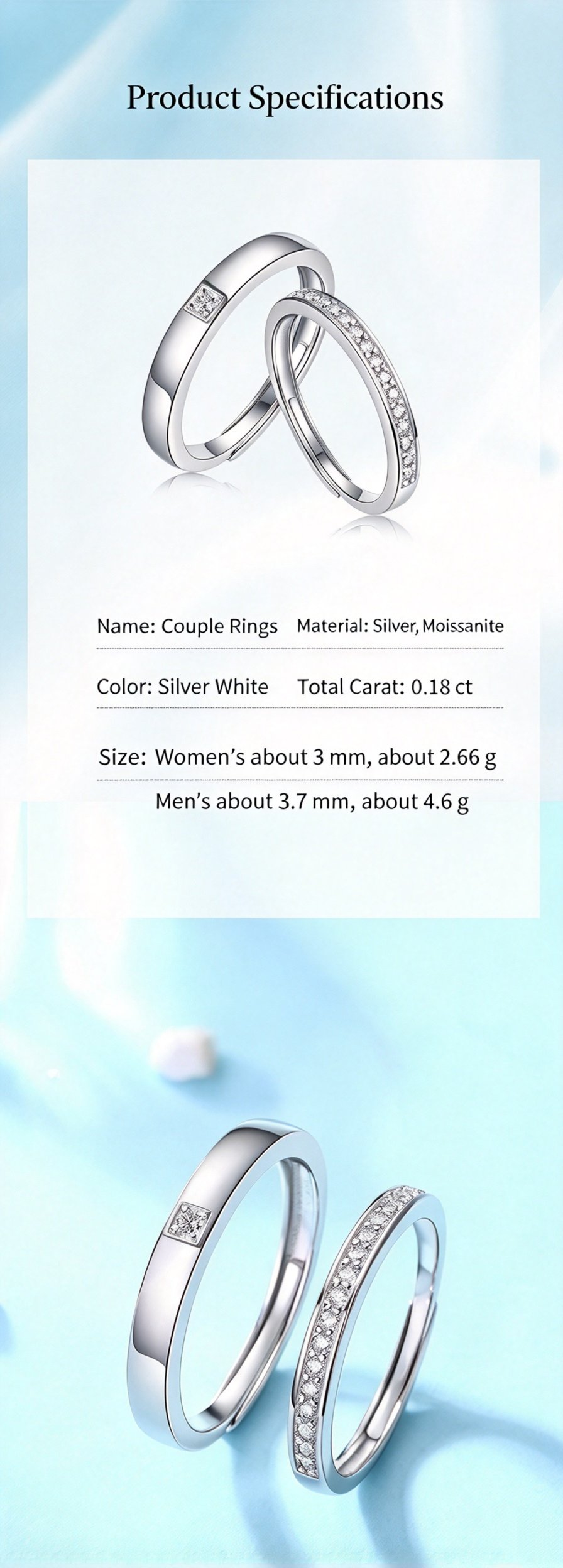 Adjustable open‑band structure close‑up S925 silver moissanite couple ring