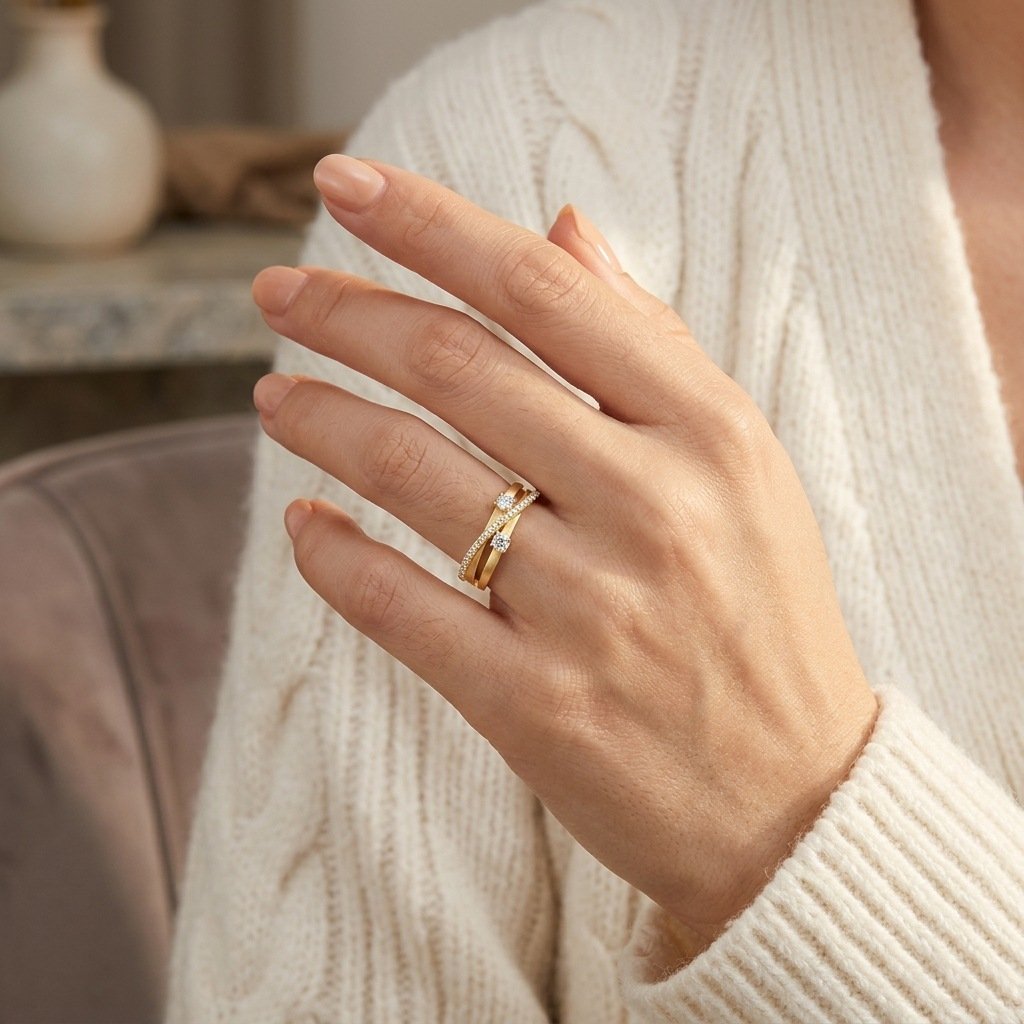 S925 silver crossover pinkie ring worn on hand, stacked with thin bands