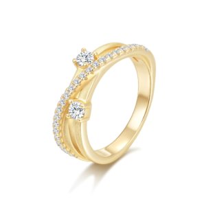 Double‑band crossover pinkie ring, S925 gold‑plated silver micro pave moissanite, SYMARA jewelry