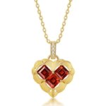 Vintage brushed finish garnet heart pendant with natural garnets, S925 sterling silver 10K gold plated women jewelry