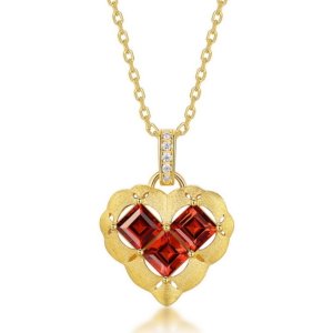 Vintage brushed finish garnet heart pendant with natural garnets, S925 sterling silver 10K gold plated women jewelry