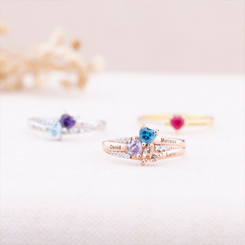 Silver plated copper three heart birthstone ring, custom engraved keepsake jewelry for grandma