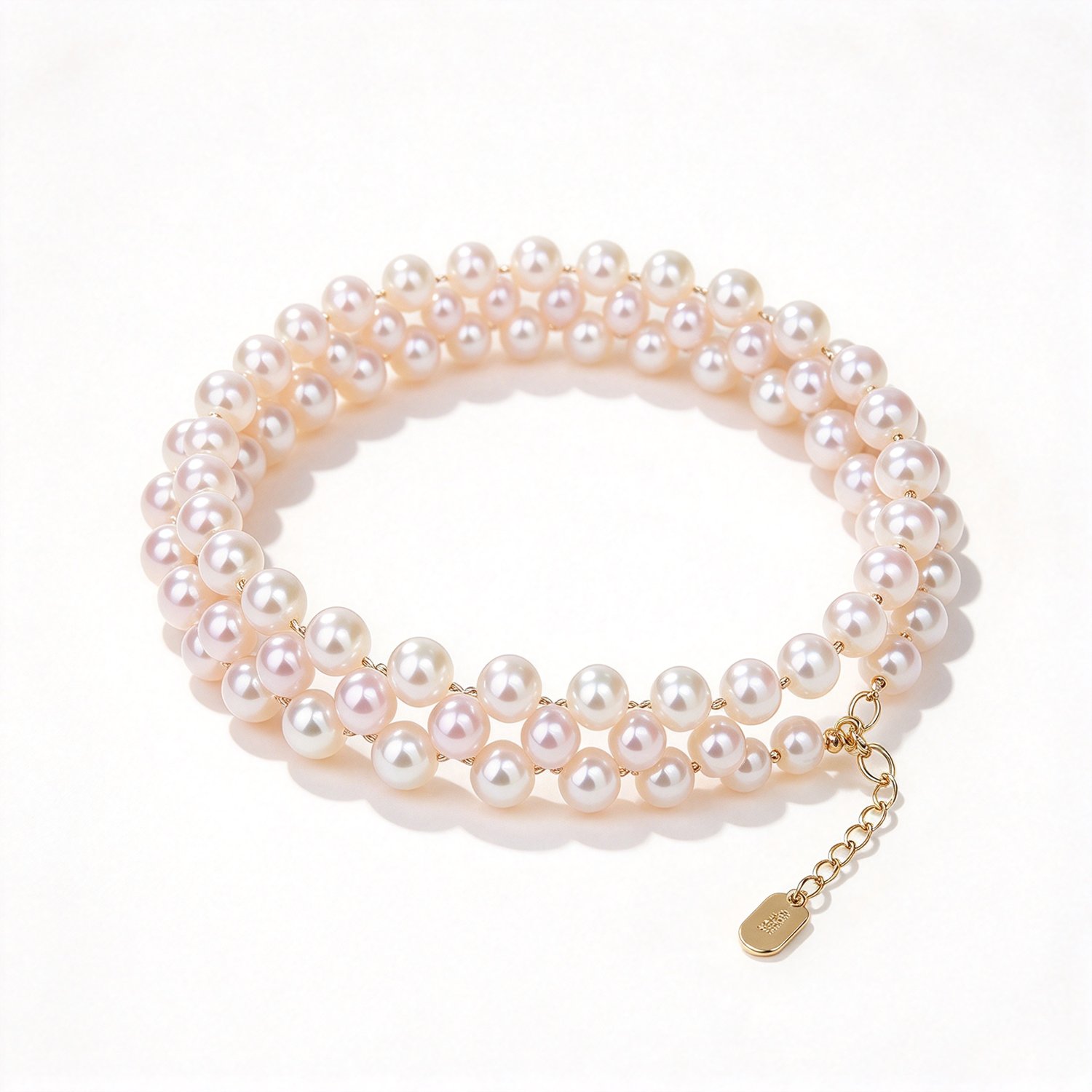 Hand-woven 3-4mm freshwater pearl bracelet laid flat, showing delicate pearl weaving texture and S925 sterling silver hardware, elegant handmade pearl jewelry detail.