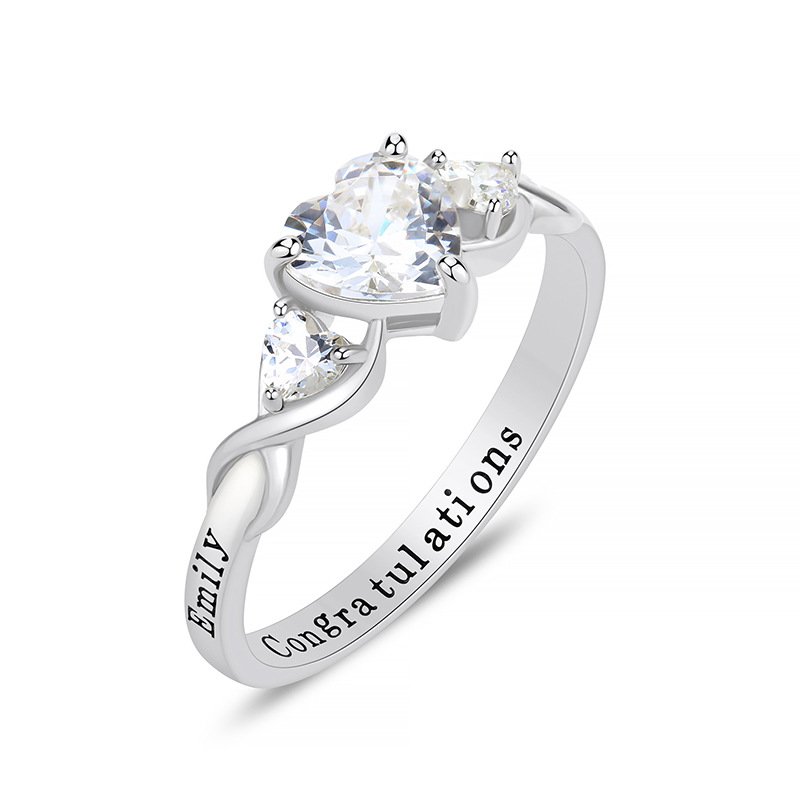 Custom engraved silver heart birthstone graduation ring with twisted band for college class memorial