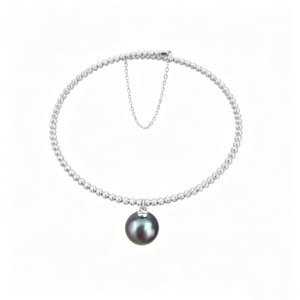 SYMARA minimalist S925 silver Tahitian seawater pearl bangle with 9-10mm round peacock pearl, studio product shot